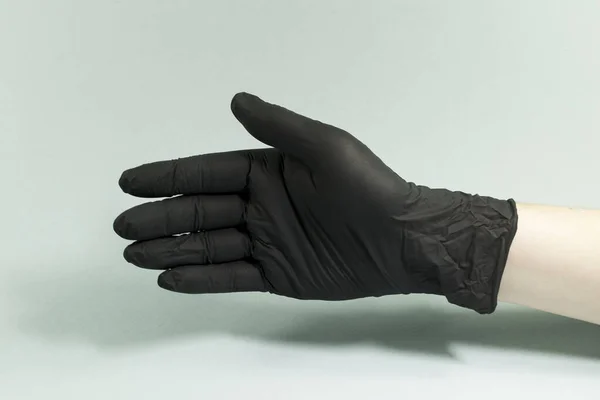 Hand Gestures Gray Background Sterile Rubber Glove Shot Large Lan — Stock Photo, Image