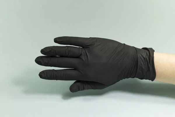 Hand Gestures Gray Background Sterile Rubber Glove Shot Large Lan — Stock Photo, Image