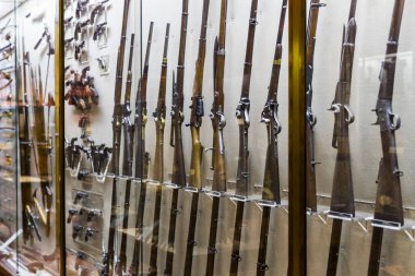 Madrid, İspanya - 28 Mart 2018:İspanya Donanması'nın Madrid tarihindeki Denizcilik Müzesi tarihi eser modellerini .