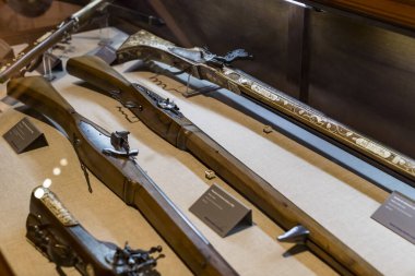 Madrid, İspanya - 28 Mart 2018:İspanya Donanması'nın Madrid tarihindeki Denizcilik Müzesi tarihi eser modellerini .