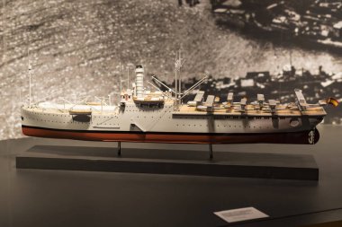 Madrid, İspanya - 28 Mart 2018:İspanya Donanması'nın Madrid tarihindeki Denizcilik Müzesi tarihi eser modellerini .