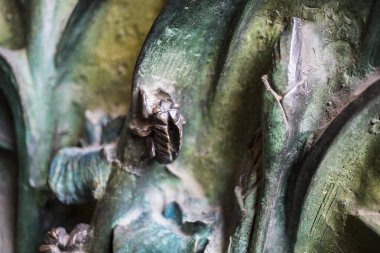 BARCELONA, SPAIN - 13 HAZİRAN 2018: Böcek, çiçek, memeli kuşların elementleri Kutsal Aile Tapınağı 'nın eski giriş kapısında.  