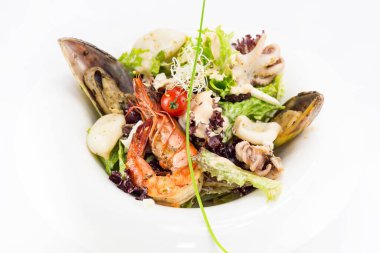 Ahtapot karides kalamar deniz ürünleri salatası. Lokantada yakın çekim..