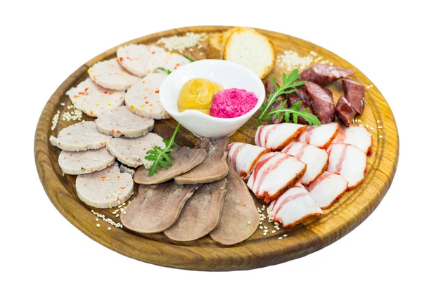 Wooden Plate Several Types Sausage Bacon Sauce — Stock Photo, Image