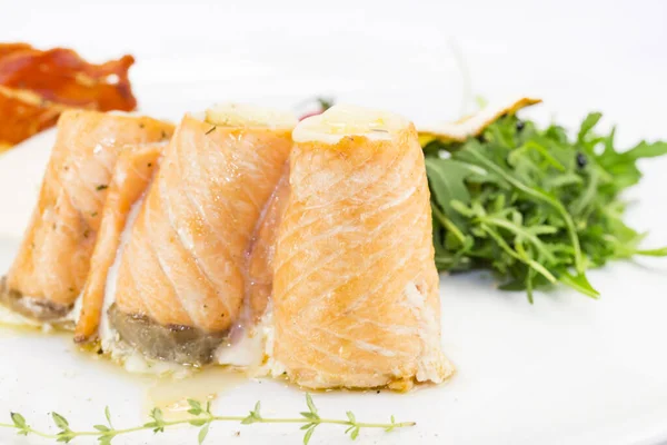Baked Rolls Salmon Fillet White Plate Restaurant — Stock Photo, Image