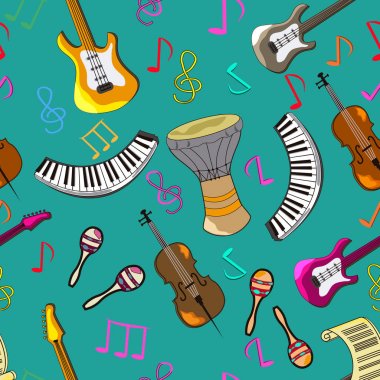 Sevimli çizgi film el çekilmiş müzikal seamless modeli doodles. Sonsuz komik vektör çizim. Zemin ile müzik simgeler ve öğeleri