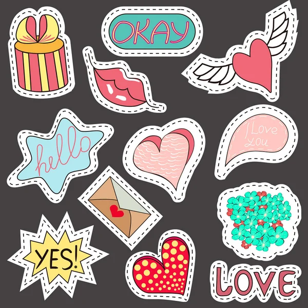 Sketch comics Set of stickers with hearts, speech bubbles, text cool, love, lightning, lips, rings, sunglasses. Girlish fashion elements in bright colors. Comic style. Fashion patch badges — Stock Photo, Image