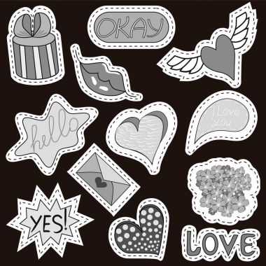 Kroki çizgi roman çıkartmaları yürekleri, konuşma kabarcıklar, ayarla metin serin, aşk, yıldırım, dudaklar, yüzük, güneş gözlüğü. Kız gibi moda elemanları parlak renkler. Çizgi roman tarzı. Moda yama rozetleri