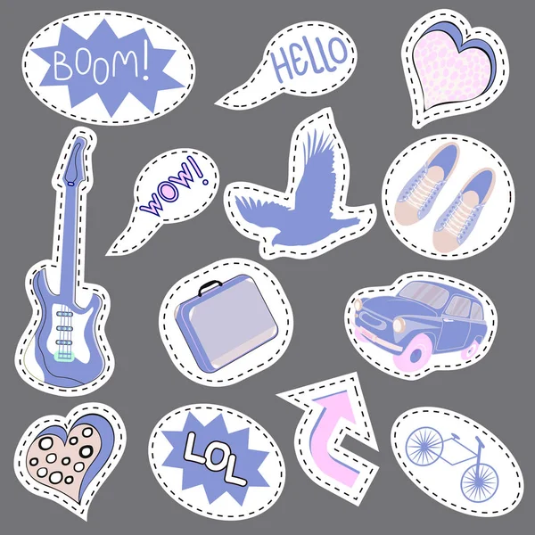 Sketch comics Set of stickers with hearts, speech bubbles, text cool, love, lightning, lips, rings, sunglasses. Girlish fashion elements in bright colors. Comic style. Fashion patch badges — Stock Vector