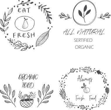 Organik gıda ve içecek, doğal ürünler, Restoran, sağlıklı gıda pazarı ve üretim, doğa arka plan üzerinde çizilmiş etiketleri ve öğeleri koleksiyonu ver. Vektör çizimler.