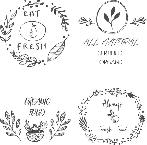 Organik gıda ve içecek, doğal ürünler, Restoran, sağlıklı gıda pazarı ve üretim, doğa arka plan üzerinde çizilmiş etiketleri ve öğeleri koleksiyonu ver. Vektör çizimler.