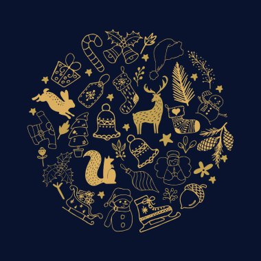 Yeni yıl ve Merry Christmas dekorasyon ayarlayın. Tipografi ayarlayın. Tatil ana sembollerinden. Vektör logo, amblem, metin tasarım. Afiş, tebrik kartları, hediyeler vb için kullanılabilir.