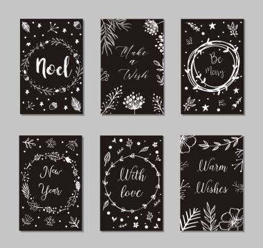 Yeni yıl ve mutlu Noeller dekoratif yazıtlar. Tipografi ayarlayın. Tatil ana sembollerinden. Vektör logo, amblem, metin tasarım. İçin kullanılabilir, tebrik kartları, hediyeler vb.