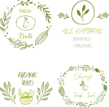 Yazı ile dört sağlıklı gıda etiketleri kümesi. Vegan gıda etiketleri.