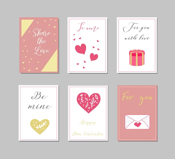 Biglietti di auguri decorativi per San Valentino Set tipografico.I principali simboli della festa. Logo vettoriale, emblemi, design testuale. Utilizzabile per banner, biglietti di auguri, regali ecc . — Vettoriale Stock