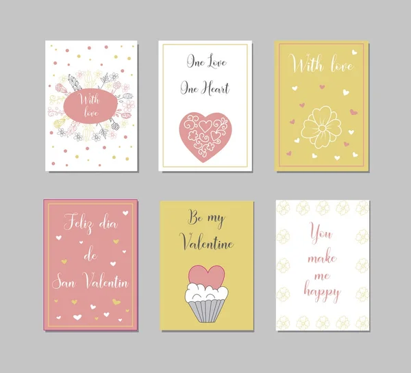 Biglietti di auguri decorativi per San Valentino Set tipografico.I principali simboli della festa. Logo vettoriale, emblemi, design testuale. Utilizzabile per banner, biglietti di auguri, regali ecc . — Vettoriale Stock