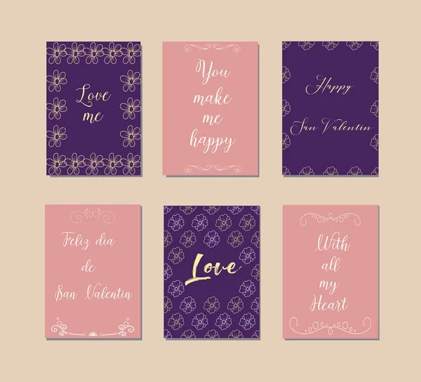 Decorative greeting cards for Valentines Day.Typography set.The main symbols of the holiday. Vector logo, emblems, text design. Usable for banners, greeting cards, gifts etc. — Stock Vector