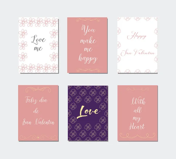 Tarjetas de felicitación decorativas para el Día de San Valentín.Conjunto de tipografía.Los principales símbolos de la fiesta. Logo vectorial, emblemas, diseño de texto. Utilizable para pancartas, tarjetas de felicitación, regalos, etc. . — Vector de stock