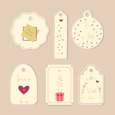 El Etiketler çekilmiş. Sevgililer s Day.The ana sembollerinden tatil için öğeleri koleksiyonu. Vektör logo, amblem, metin tasarım. Afiş, tebrik kartları, hediyeler vb için kullanılabilir.