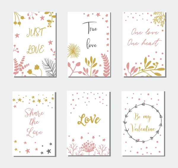 Tarjetas de felicitación decorativas para el Día de San Valentín.Conjunto de tipografía.Los principales símbolos de la fiesta. Logo vectorial, emblemas, diseño de texto. Utilizable para pancartas, tarjetas de felicitación, regalos, etc. . — Archivo Imágenes Vectoriales