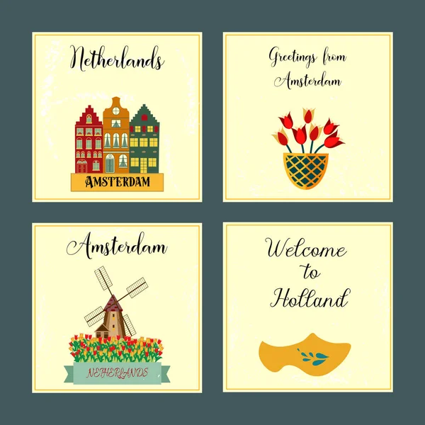 Holland cestování kulturní a poznávací symboly snímku pozadí plakátu. Vektorové ilustrace. — Stockový vektor