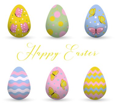 Dekoratif Paskalya yumurtaları. Paskalya sahne. Tatil ana sembollerinden. Vektör logo, amblem, metin tasarım. Afiş, tebrik kartları, hediyeler vb için kullanılabilir.