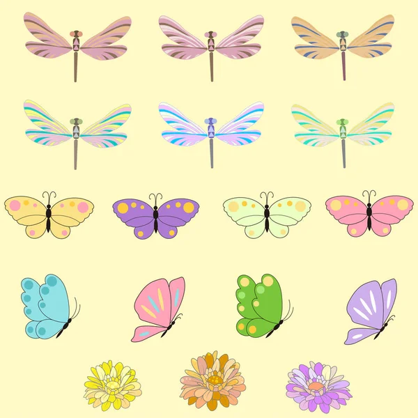 Bahar çok renkli kelebekler, Yusufçuk ve çiçek tasarımı için ayarla. Düğün, bebek duş, anneler günü, Sevgililer günü, doğum günü kartları, Davetiyeler, selamlar ve romantik etiketleri için kullanılabilir — Stok Vektör
