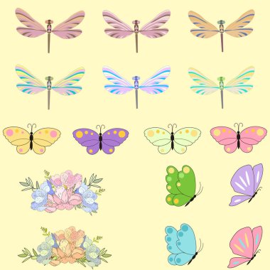 Bahar çok renkli kelebekler, Yusufçuk ve çiçek tasarımı için ayarla. Düğün, bebek duş, anneler günü, Sevgililer günü, doğum günü kartları, Davetiyeler, selamlar ve romantik etiketleri için kullanılabilir