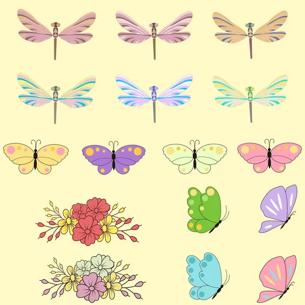 Set de primavera para el diseño de mariposas multicolores, libélulas y flores.Puede ser utilizado para bodas, baby shower, día de la madre, día de San Valentín, tarjetas de cumpleaños, invitaciones, saludos y etiquetas románticas — Archivo Imágenes Vectoriales