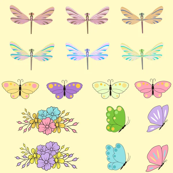 Set de primavera para el diseño de mariposas multicolores, libélulas y flores.Puede ser utilizado para bodas, baby shower, día de la madre, día de San Valentín, tarjetas de cumpleaños, invitaciones, saludos y etiquetas románticas — Vector de stock