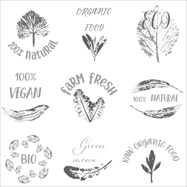 Bio, Ecología, logos e iconos orgánicos, etiquetas, etiquetas. Dibujado a mano bio insignias de alimentos saludables, conjunto de crudo, vegetariano, signos de alimentos saludables, orgánico y elementos establecidos — Archivo Imágenes Vectoriales