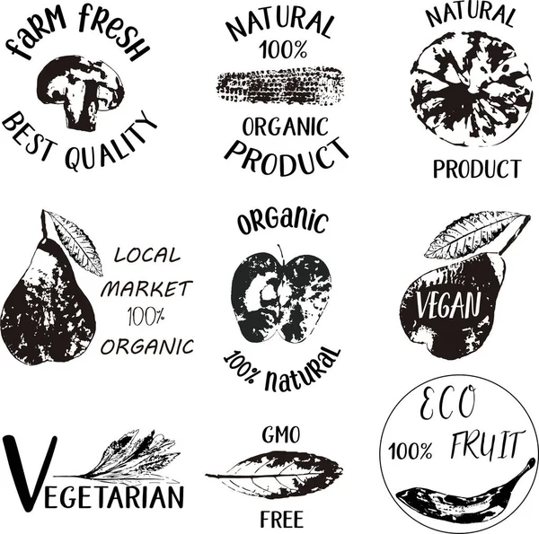 Bio, Ecología, logos e iconos orgánicos, etiquetas, etiquetas. Dibujado a mano bio insignias de alimentos saludables, conjunto de crudo, vegetariano, signos de alimentos saludables, orgánico y elementos establecidos — Archivo Imágenes Vectoriales