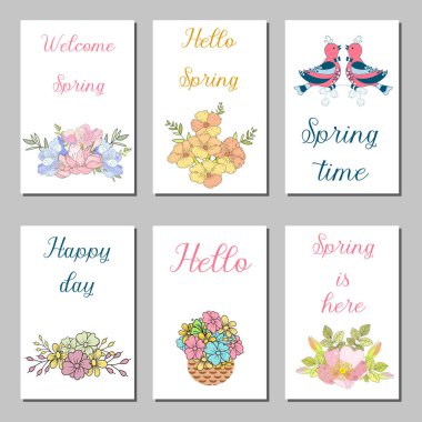 Doğum günü kartları kümesiyle soyut çiçek tasarım ve yazılı metin el. Doodle tarzı güzel tebrik kartları koleksiyonu.