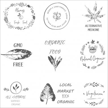 Çizilmiş etiketleri ve öğeleri koleksiyonu için organik yiyecek ve içecek ver. Öğeleri koleksiyonu gıda pazarı etiketleri, e-ticaret, organik ürünler tanıtım, premium kaliteli gıda ve sağlıklı yaşam için.