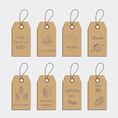 Organik gıda etiketi ayarlayın ve etiket tasarım öğeleri etiketleyin