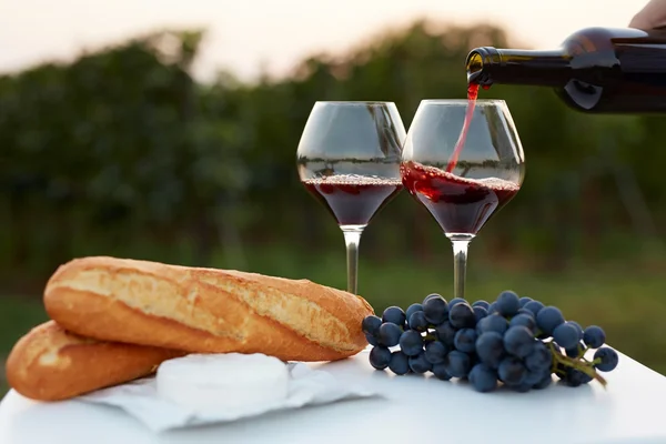 Pouring red wine into glasses — Stock Photo, Image