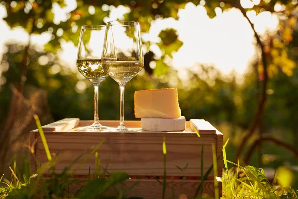 Due bicchieri di vino bianco con formaggio su scatola di legno — Foto Stock