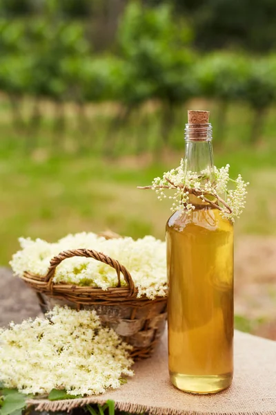 Homemade elderflower syrup in a bottle