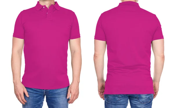 T-shirt design - man in blank pink polo shirt isolated — Stock Photo, Image