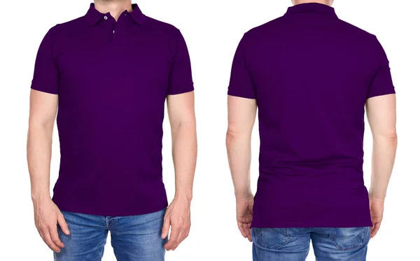 T シャツ デザイン - 分離された空白の紫のポロシャツの男 ストックフォト