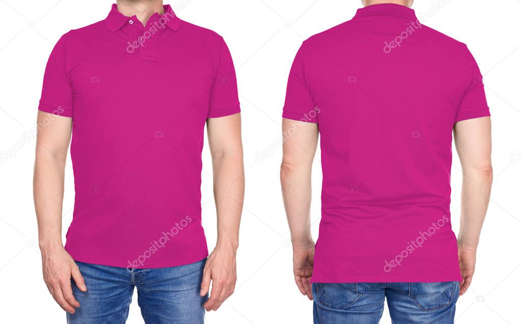 T-shirt design - man in blank pink polo shirt isolated