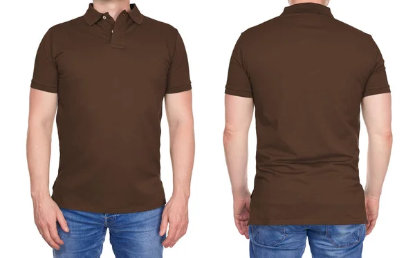 Człowiek w puste brązowe Koszulka polo z przodu i z tyłu — Zdjęcie stockowe