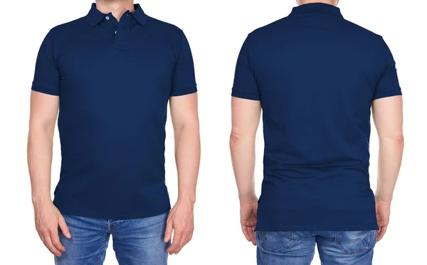 Man in blank dark blue polo shirt from front and rear — Stock Photo, Image