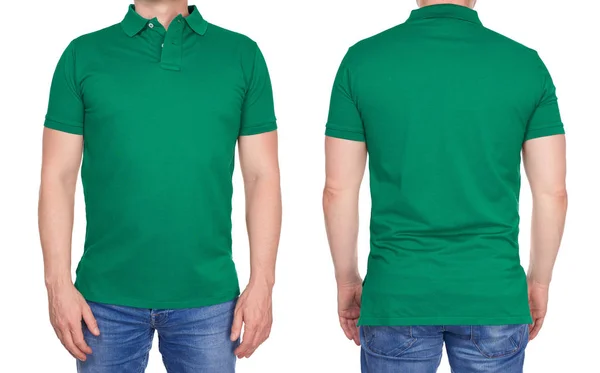 전면 및 후면에서 빈 녹색 폴로 셔츠 남자 — 스톡 사진