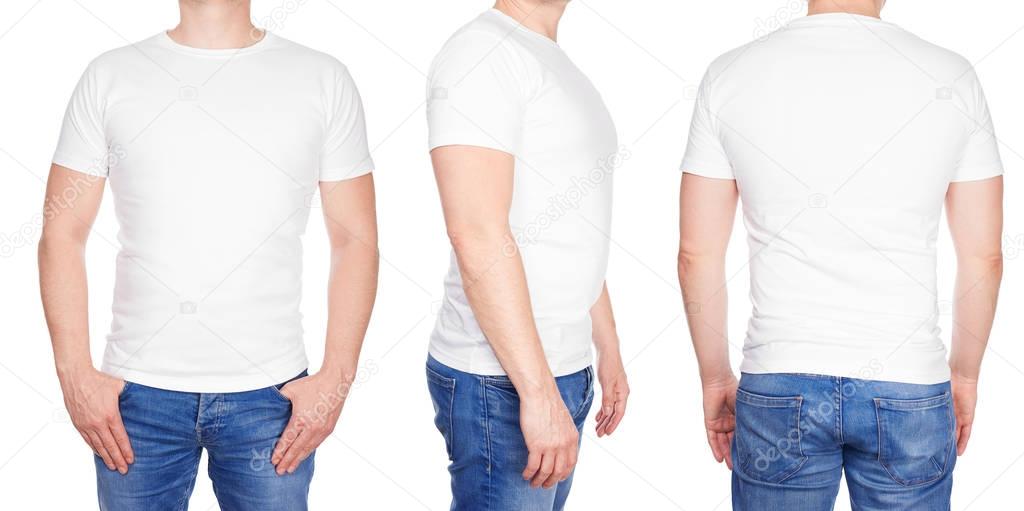 Man in blank white tshirt front, from side and rear