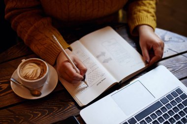 Kafedeki günlüğe web tasarımı çizen kadın