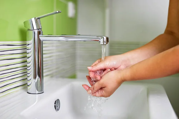 Woman Washes Her Hands Running Water Bathroom — ストック写真