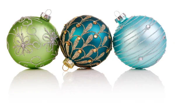 Three Colorful Christmas Balls White Background Xmas Baubles — ストック写真