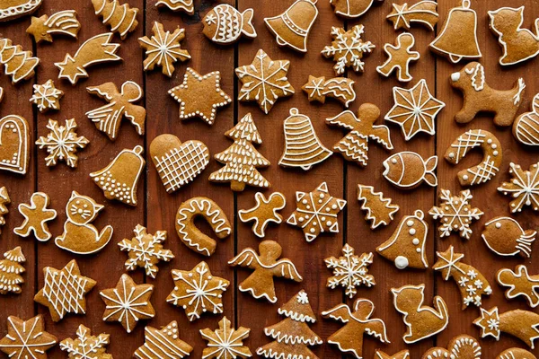 Flache Lage Weihnachten Holz Hintergrund Mit Lebkuchen — Stockfoto