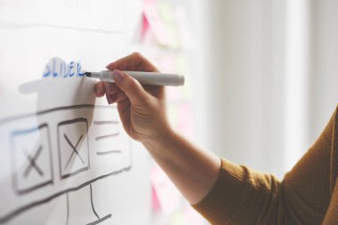 İşaretleyici çizim web sitesi beyaz tahtada olan kadın ağ geliştirici
